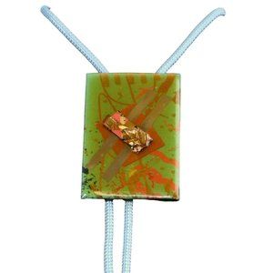 Abstract Green Bolo Tie OOAK Artist Signed Gold Collage Western Necklace